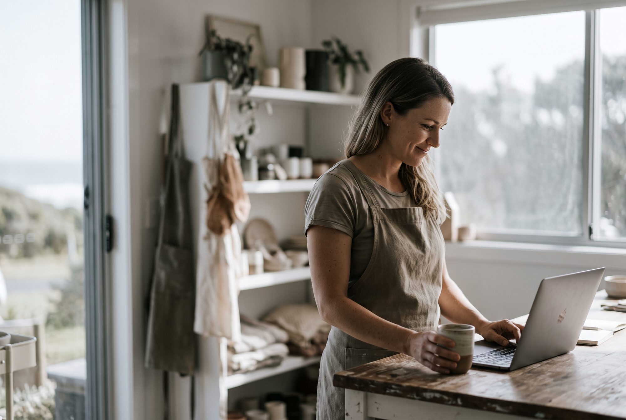 A small business owner at the counter of her studio, reading her laptop with a coffee in hand