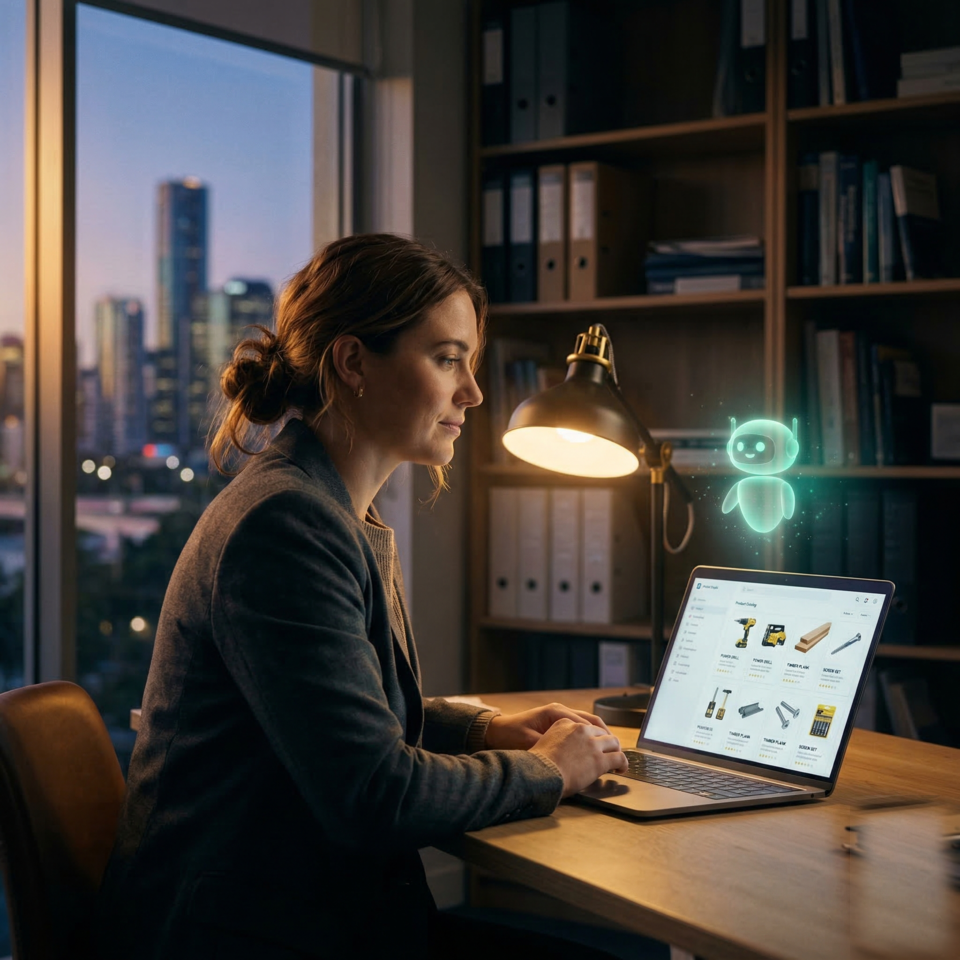 Business owner using a laptop with an AI assistant helping manage product listings