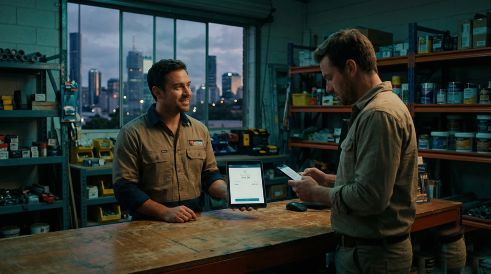 Business owner showing a payment request on a tablet to a customer checking their phone